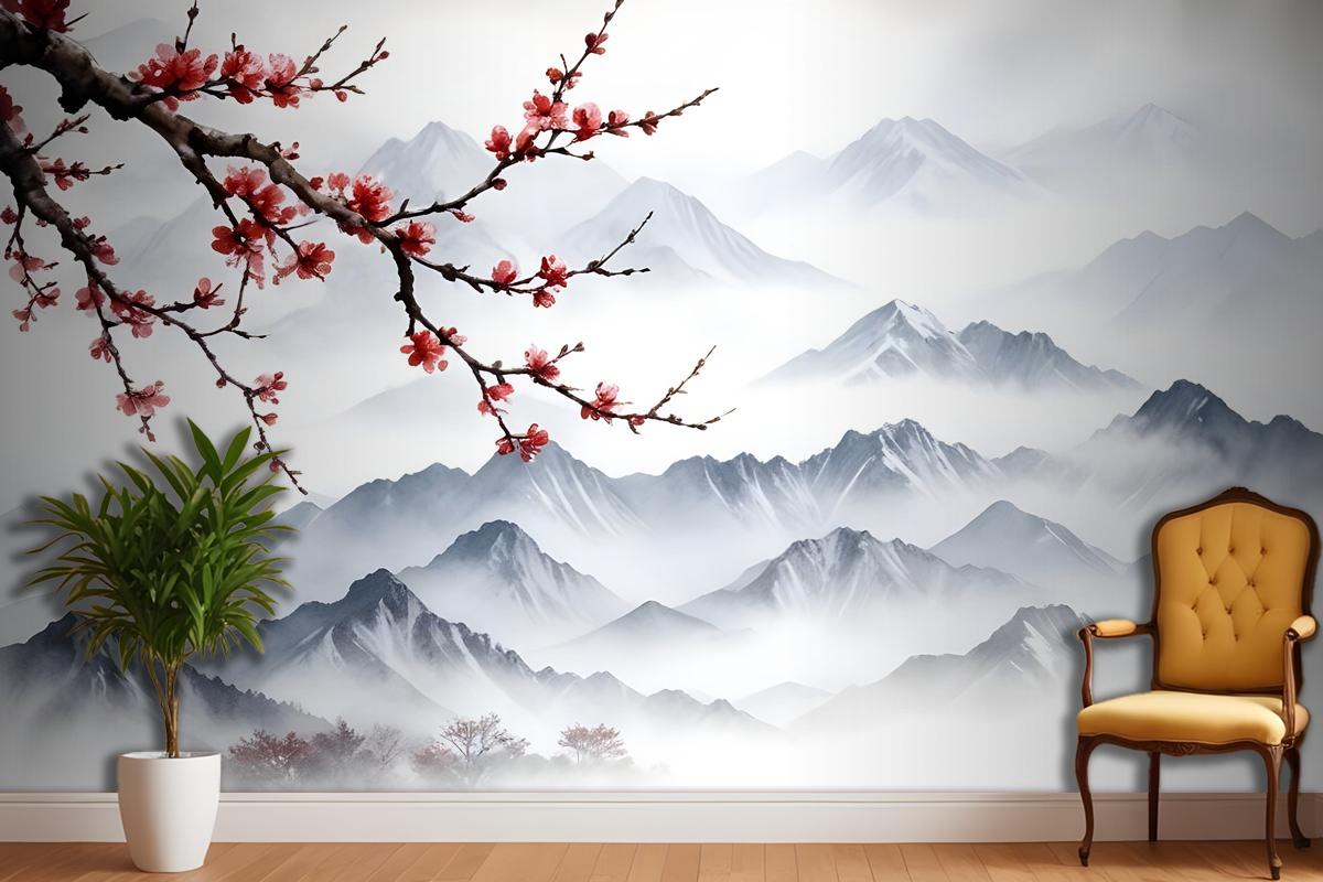 Snowy Mountainscape With Cherry Blossom Wallpaper Mural