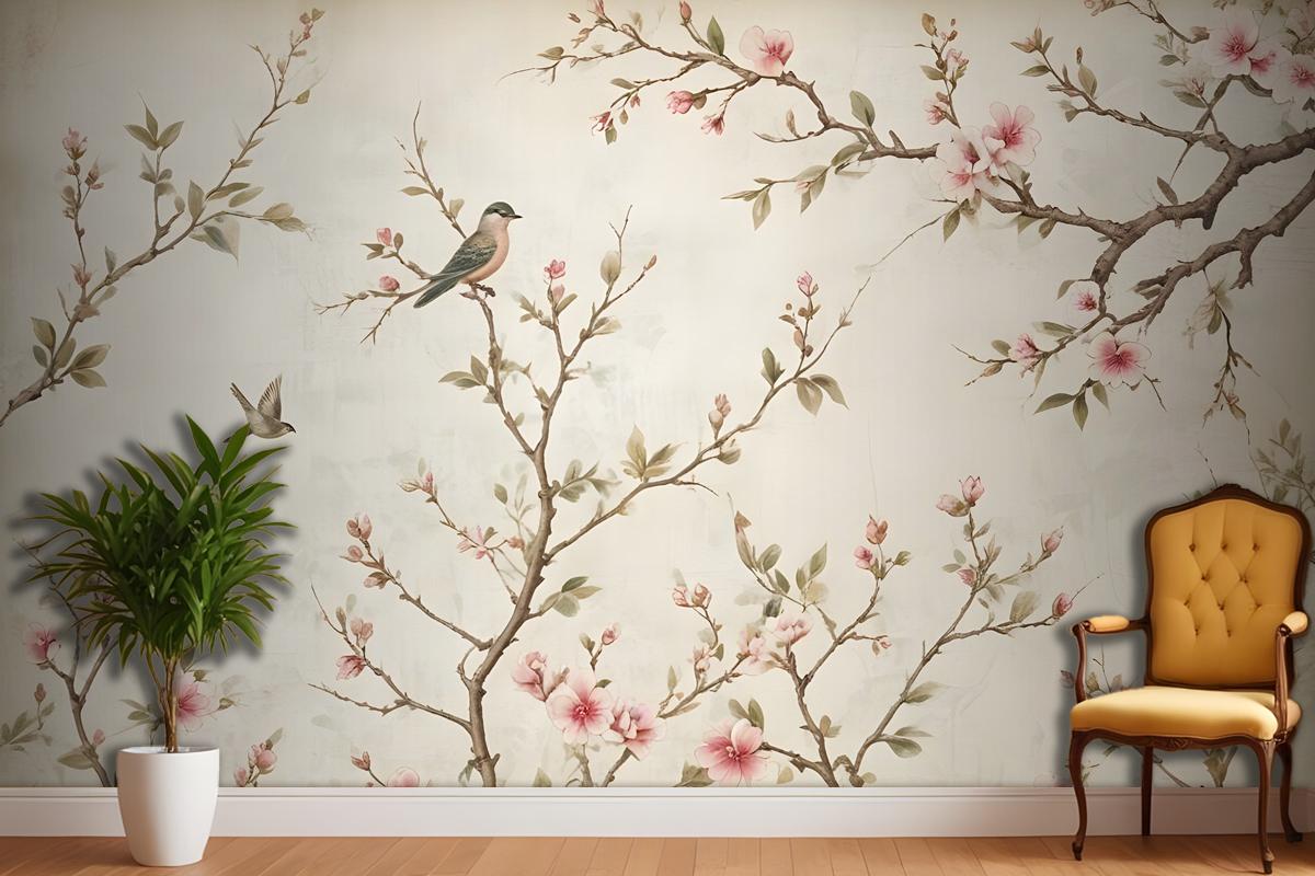 Soft Chinese Florals With Little Birds Wallpaper Mural