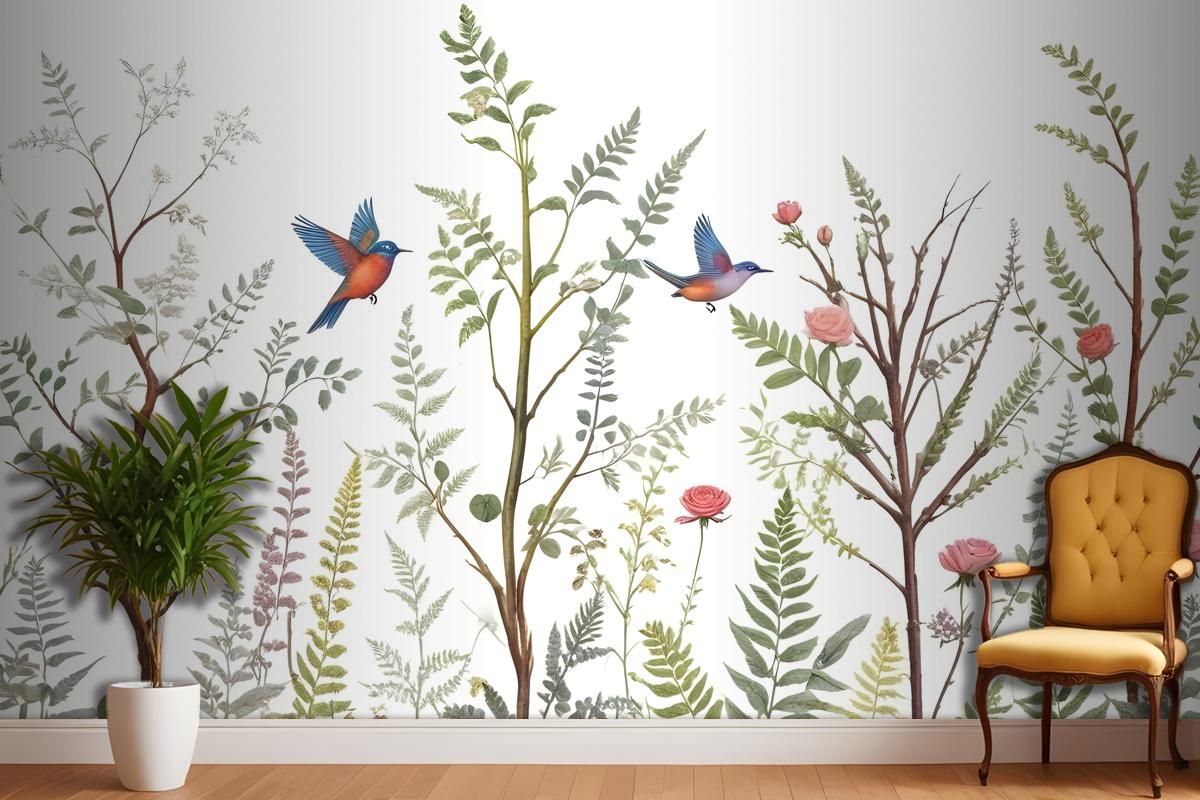 Spring Flower With Birds On The Trees Wallpaper Mural