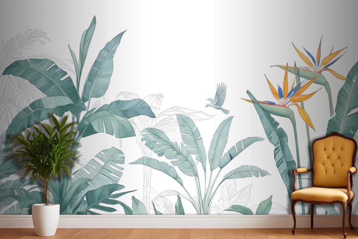 Tropical Banana Leaf With A Bird Wallpaper Mural