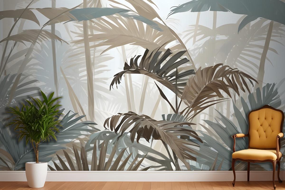 Tropical Leaf Painting With Brush Strokes Wallpaper Mural