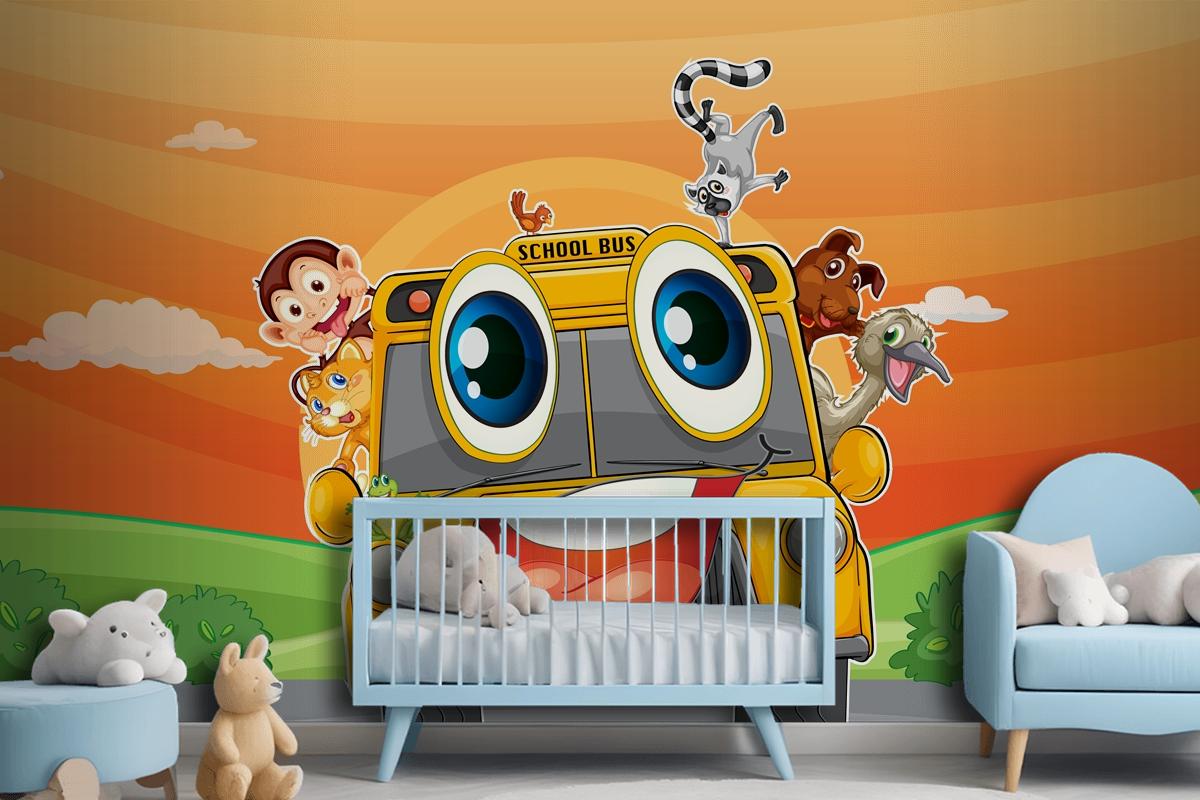 Various Animals In School Bus Wallpaper Mural