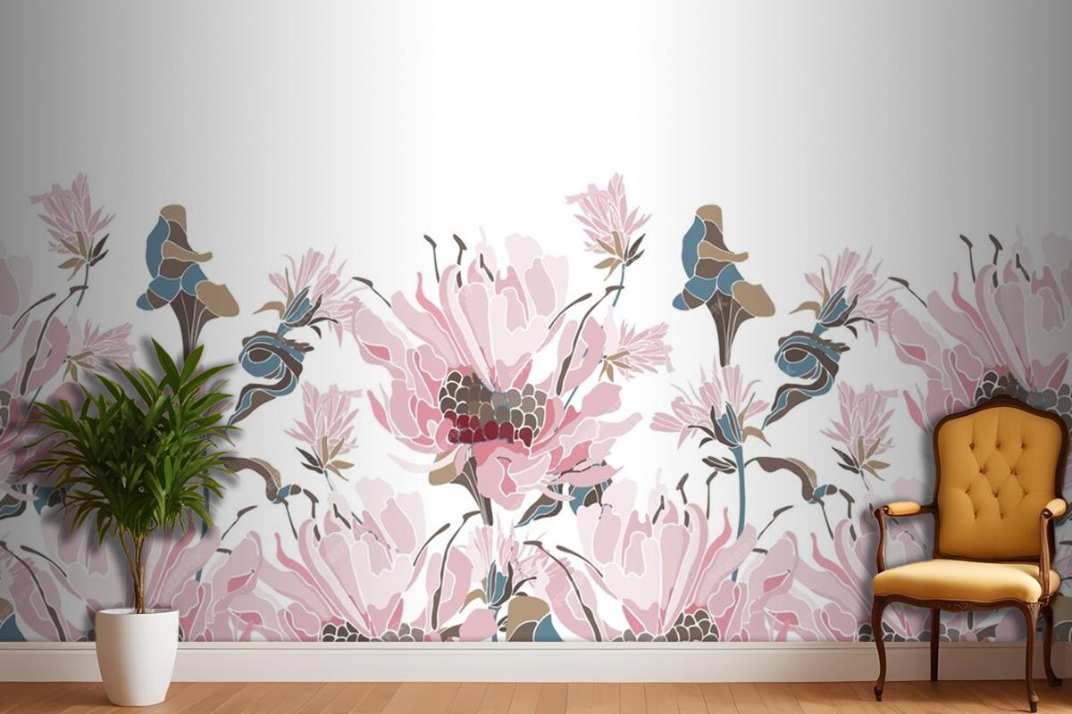 Pink Flowers Herbs Wallpaer Mural
