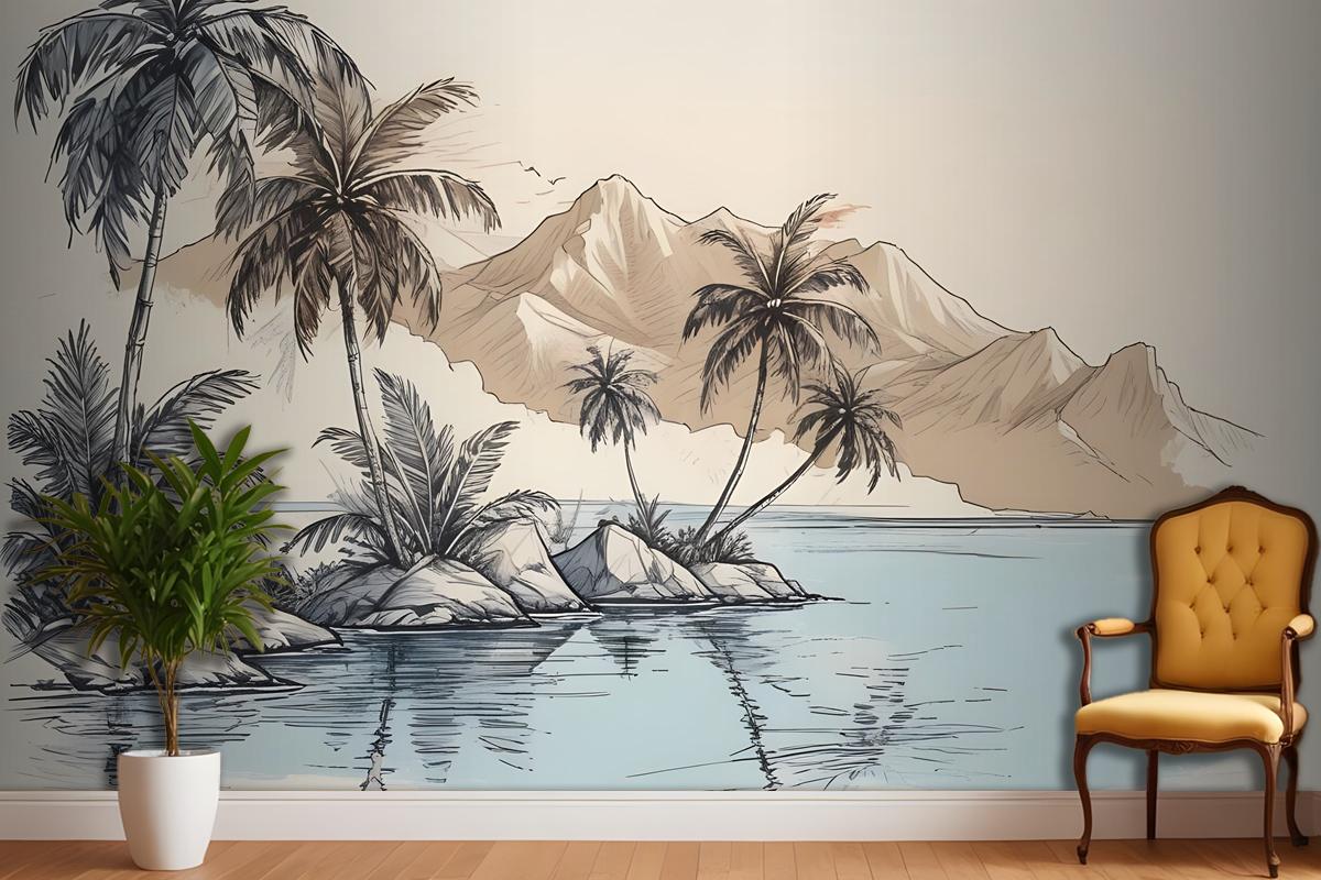 Vintage Charcoal Tropical Palm Tree And Summer Beach Wallpaper Mural