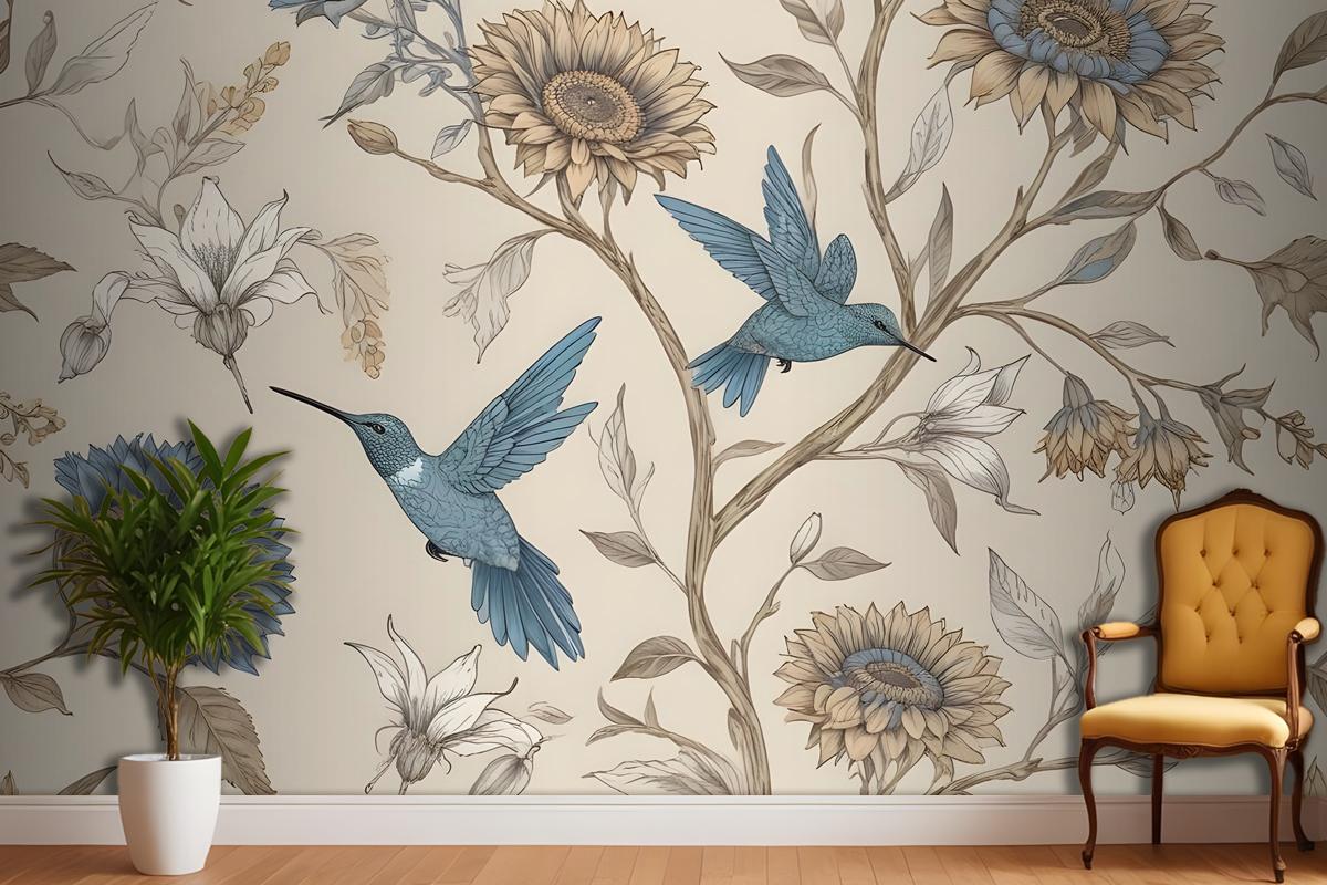 Vintage Flower With Hummingbird Wallpaper Mural