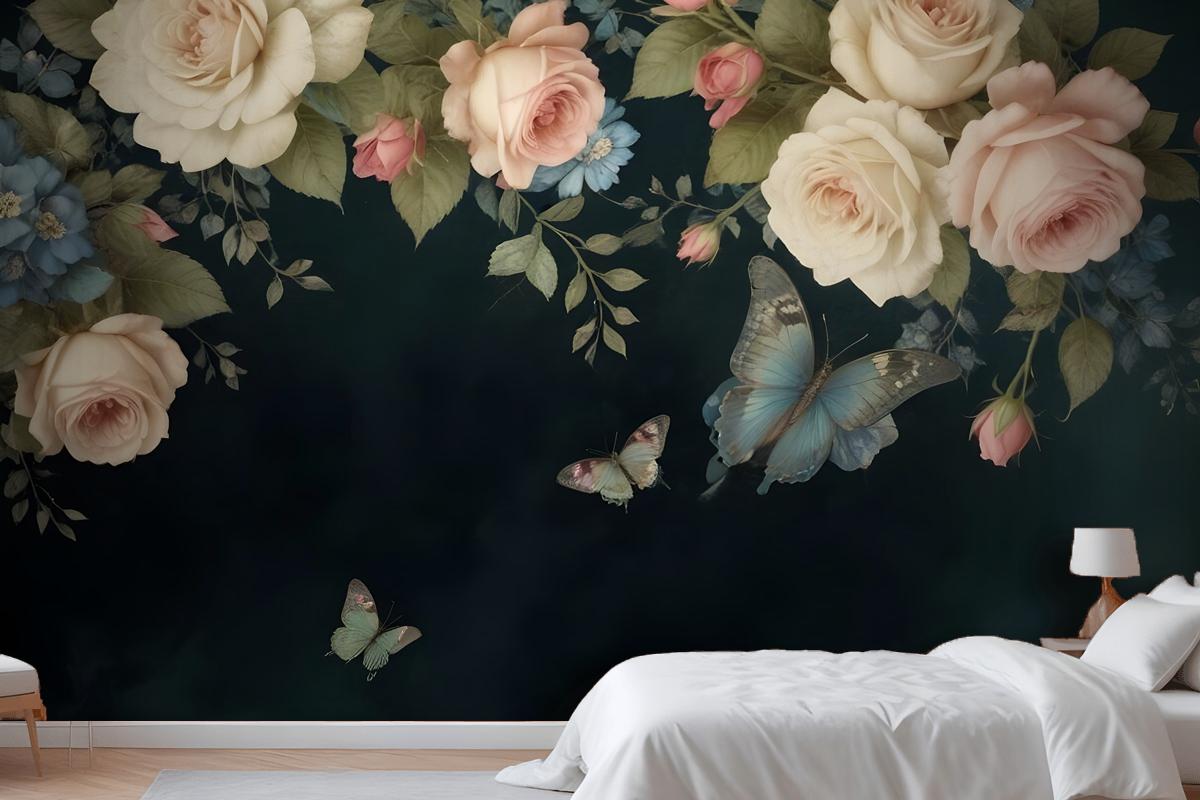 Vintage Oil Painting Dark Roses Bedroom Wallpaper Mural