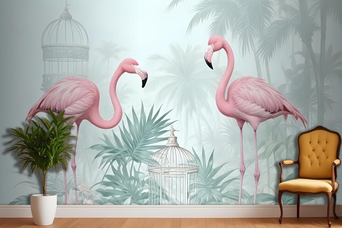 Vintage Pink Flamingo With Tropical Leaves Wallpaper Mural