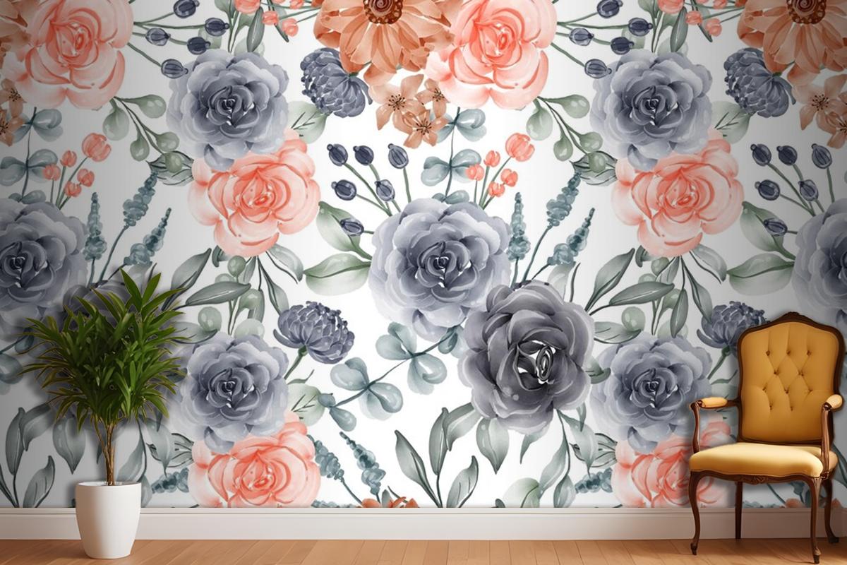 Watercolor Background Seamless Pattern Flower Navy And Peach Wallpaper Mural
