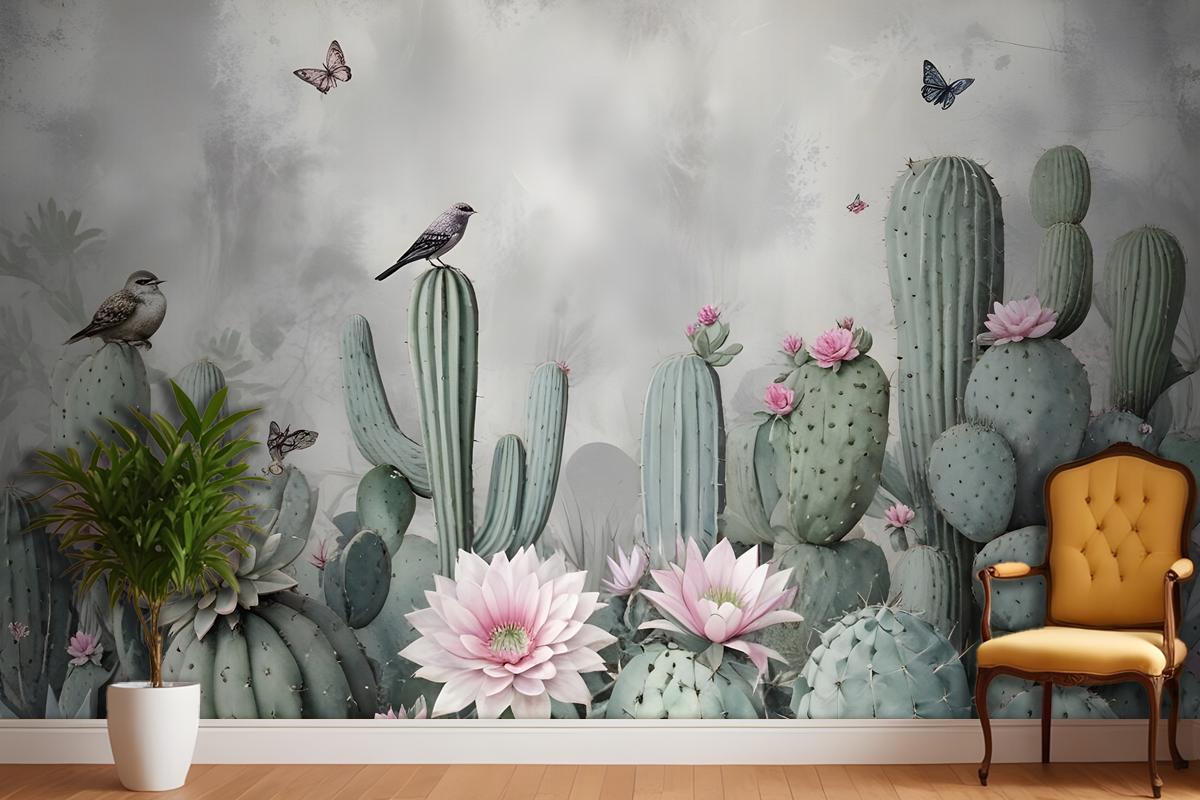 Watercolor Cactus With Flowers Wallpaper Mural