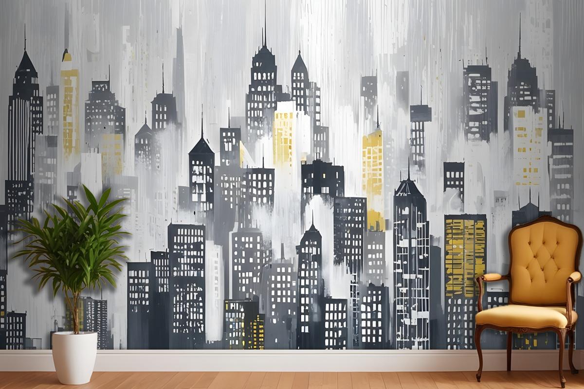 Watercolor City Silhouette Wallpaper Mural