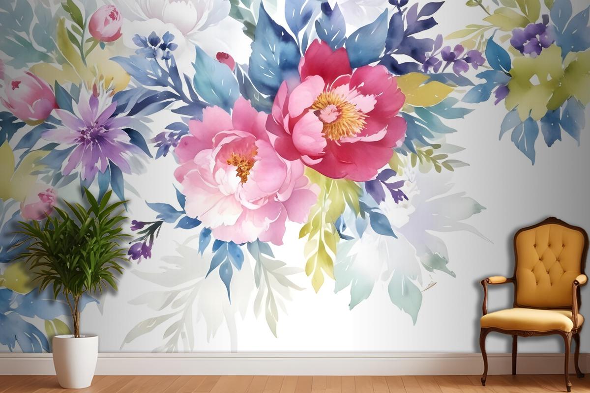 Watercolor Colorful Peony Flowers Wallpaper Mural