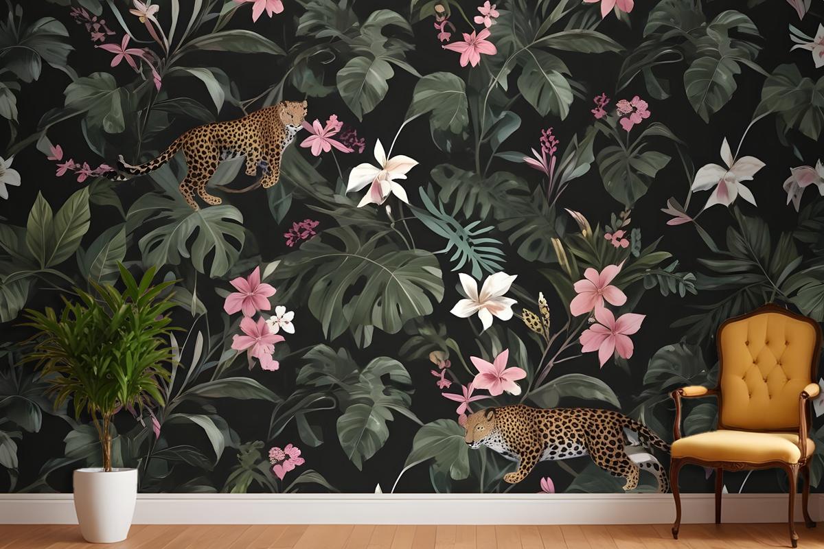 Watercolor Dark Tropical Art With Leopard Wallpaper Mural