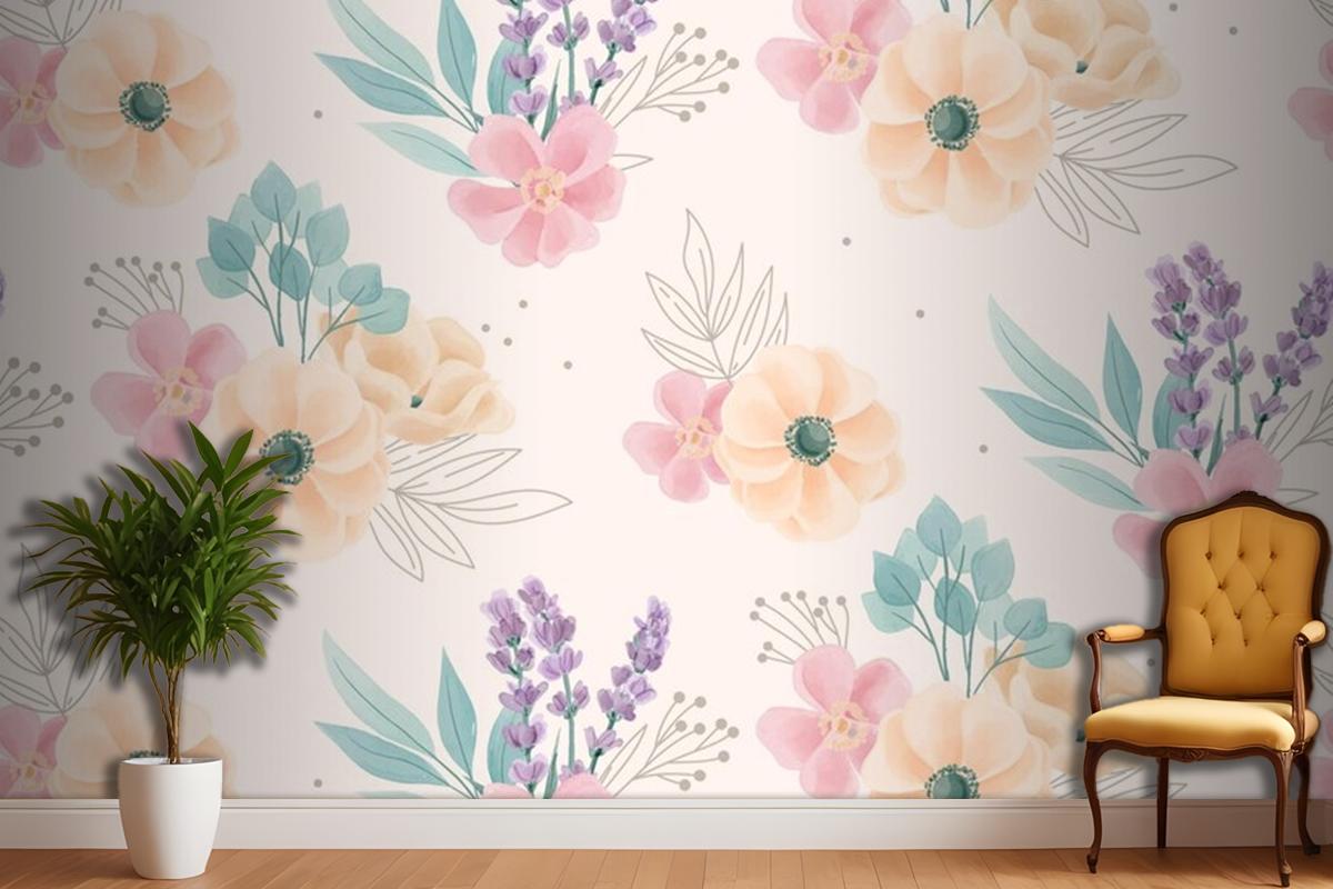 Watercolor Floral Ornaments Pattern Wallpaper Mural