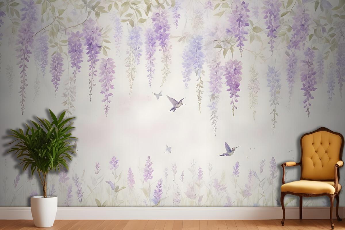 Watercolor Hanging Wisteria Flowers With Hummingbirds Wallpaper Mural