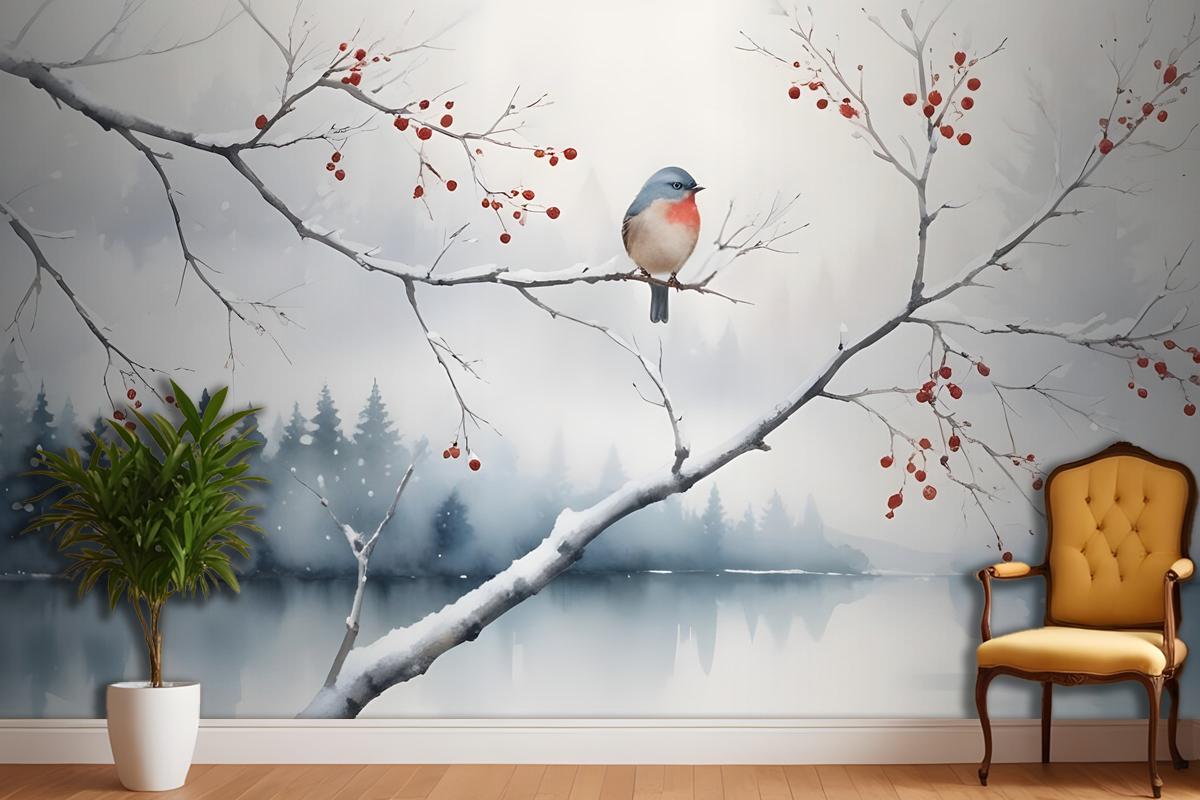 Watercolor Lake Landscape With Birds Wallpaper Mural