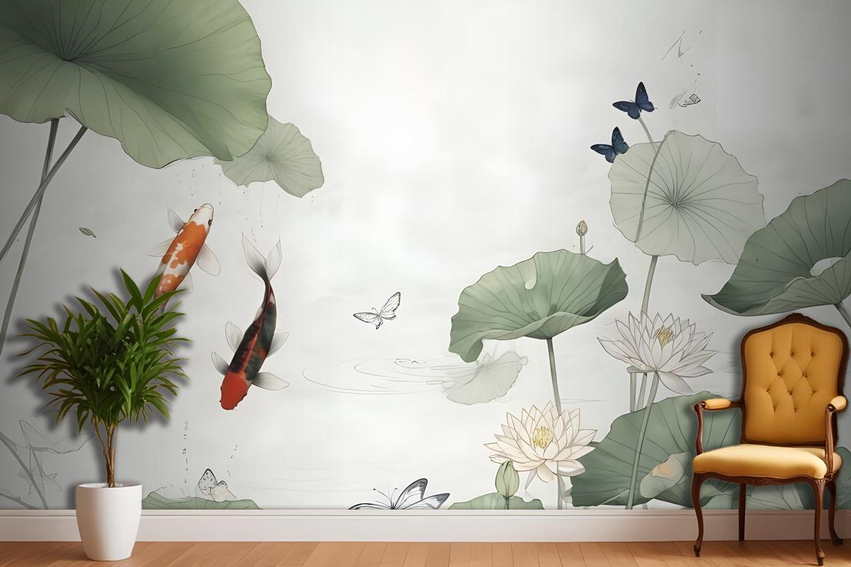 Watercolor Lotus Flower And Butterflies Wallpaper Mural