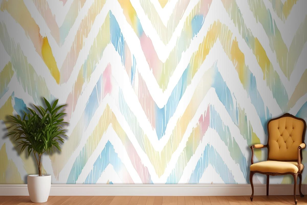 Watercolor Multicolor Chevron Ikat Design Art Wallpaper Mural