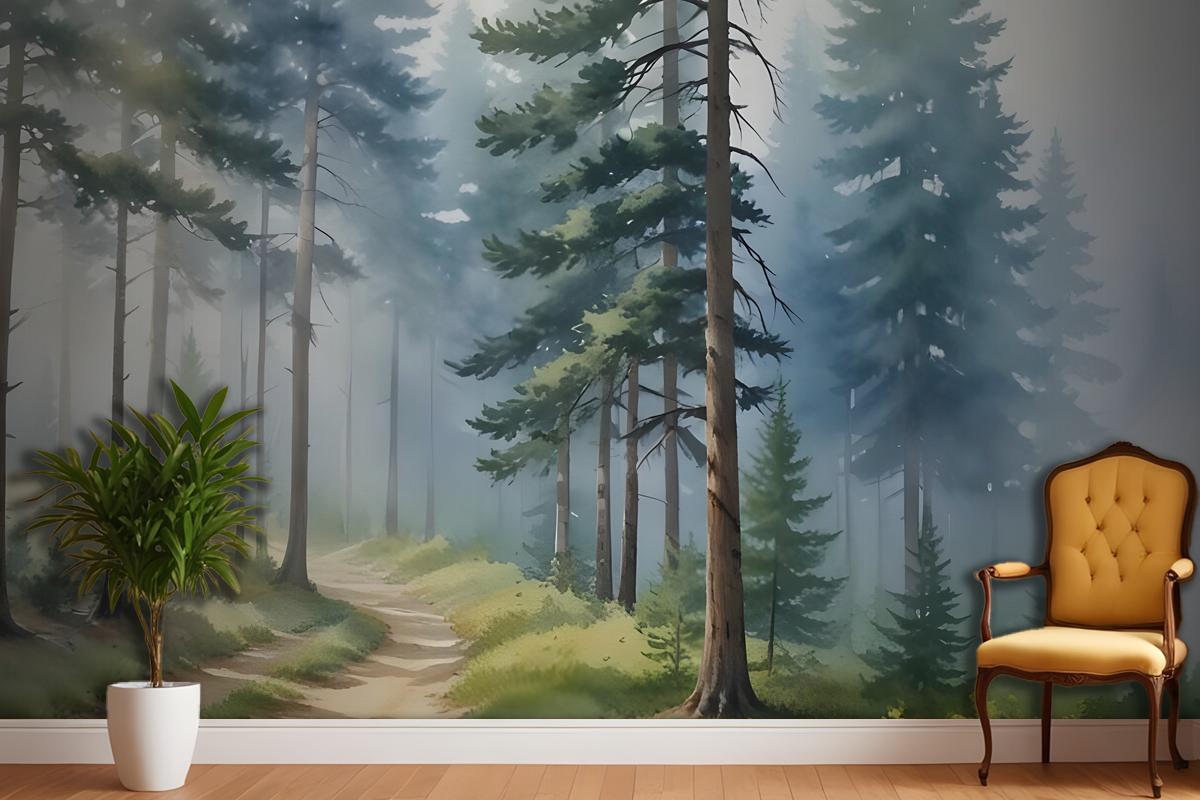 Watercolor Painting Misty Forestscape Wallpaper Mural