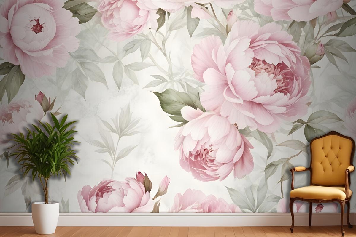 Watercolor Pink Peony Floral Blossom Wallpaper Mural