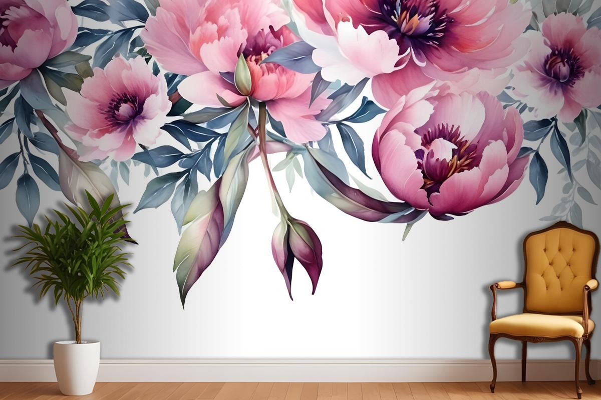 Watercolor Pink Peony Flower Wallpaper Mural