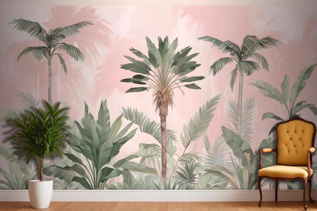 Watercolor Pink Tropical Chinoiserie Wallpaper Mural