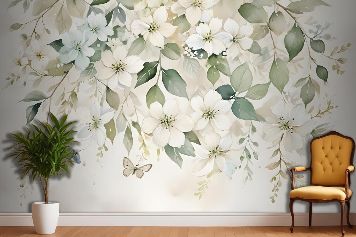 Watercolor Soft Floral With Green Leaves Wall Mural