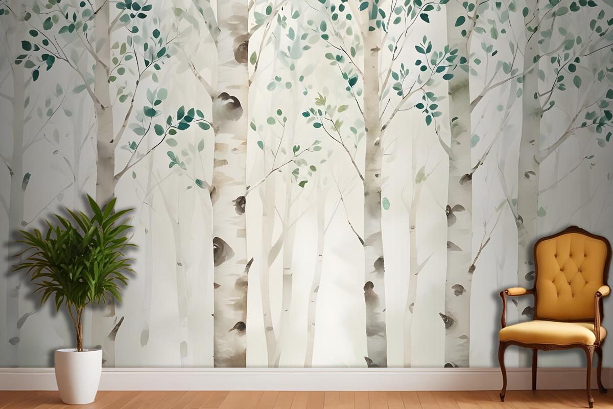 Watercolor Style Forest With Green Brown Little Leaves Wallpaper Mural