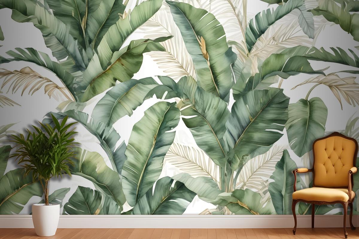 Watercolor Tropical Banana Leaf With Faux Gold Details Wallpaper Mural