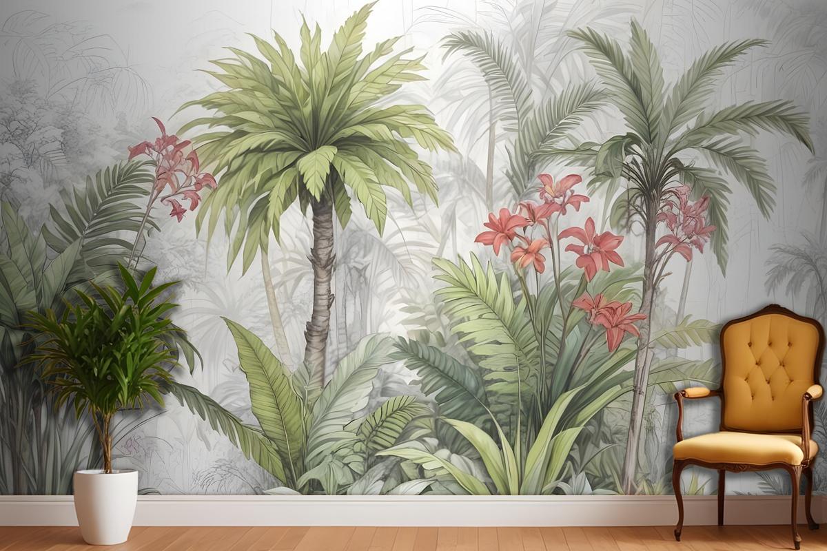Watercolor Tropical Leaf And Flowers Wallpaper Mural