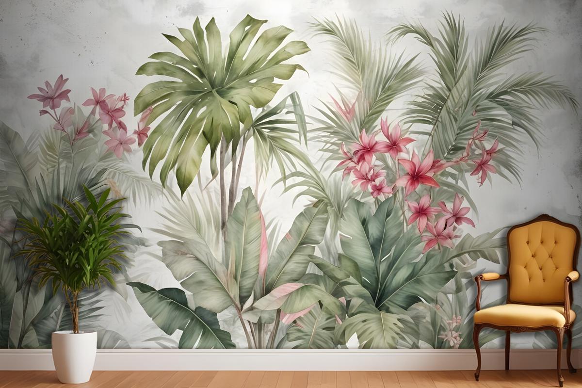 Watercolor Tropical Leaf And Flowers Wallpaper Mural