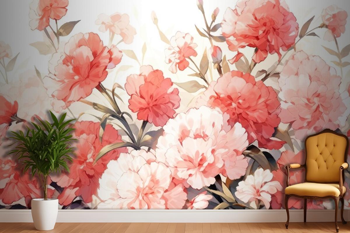 Watercolor Vintage Carnations Pattern With Complementary Colors Wallpaper Mural
