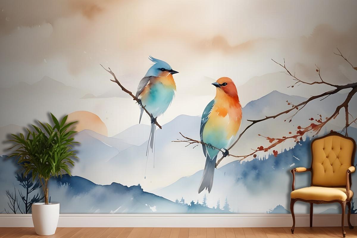 Watercolor Winter Landscape And Colorful Bird Wallpaper Mural