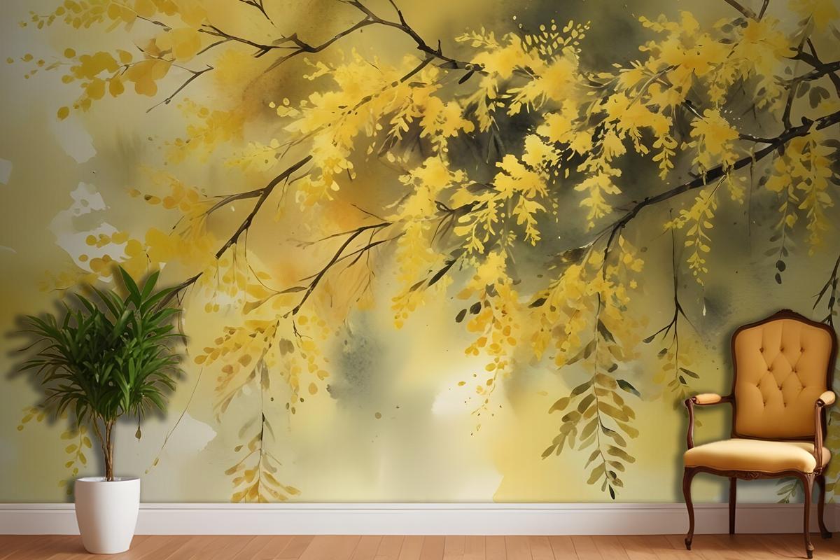Watercolor Yellow Tree Landscape Wallpaper Mural