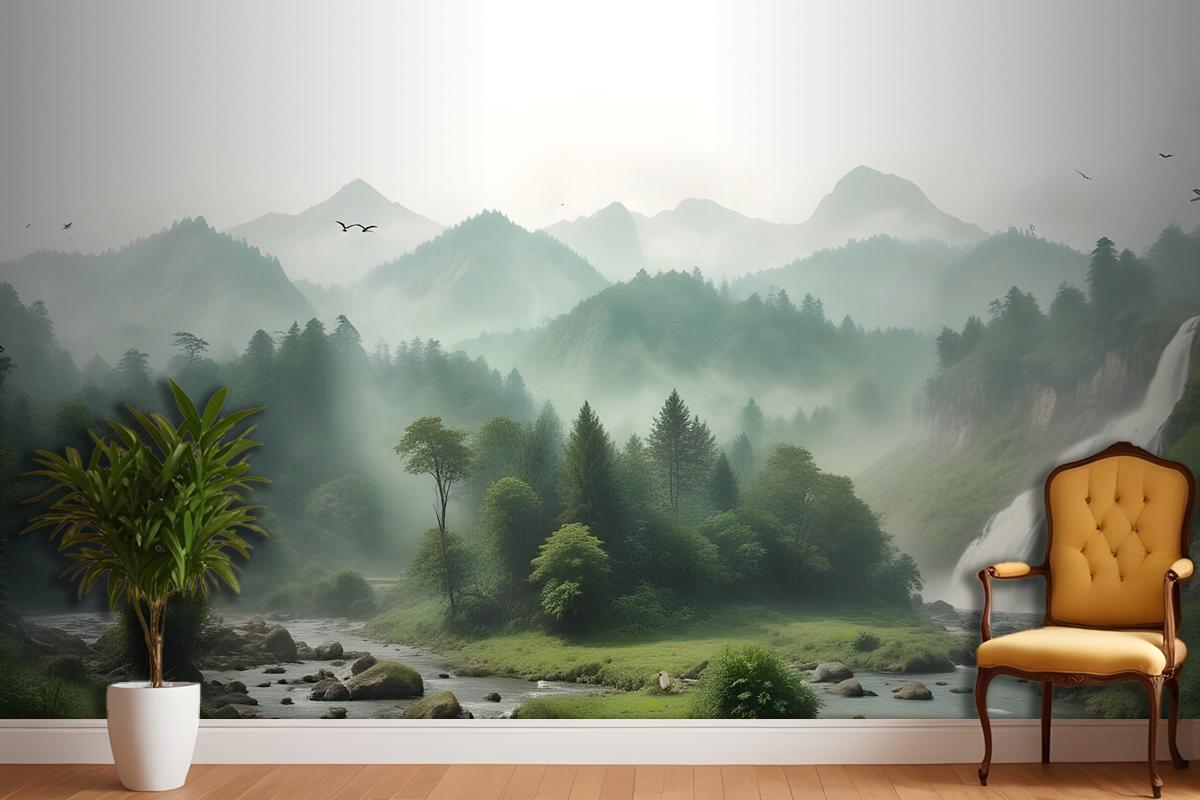 Waterfall With Misty Green Forest Landscape Wallpaper Mural