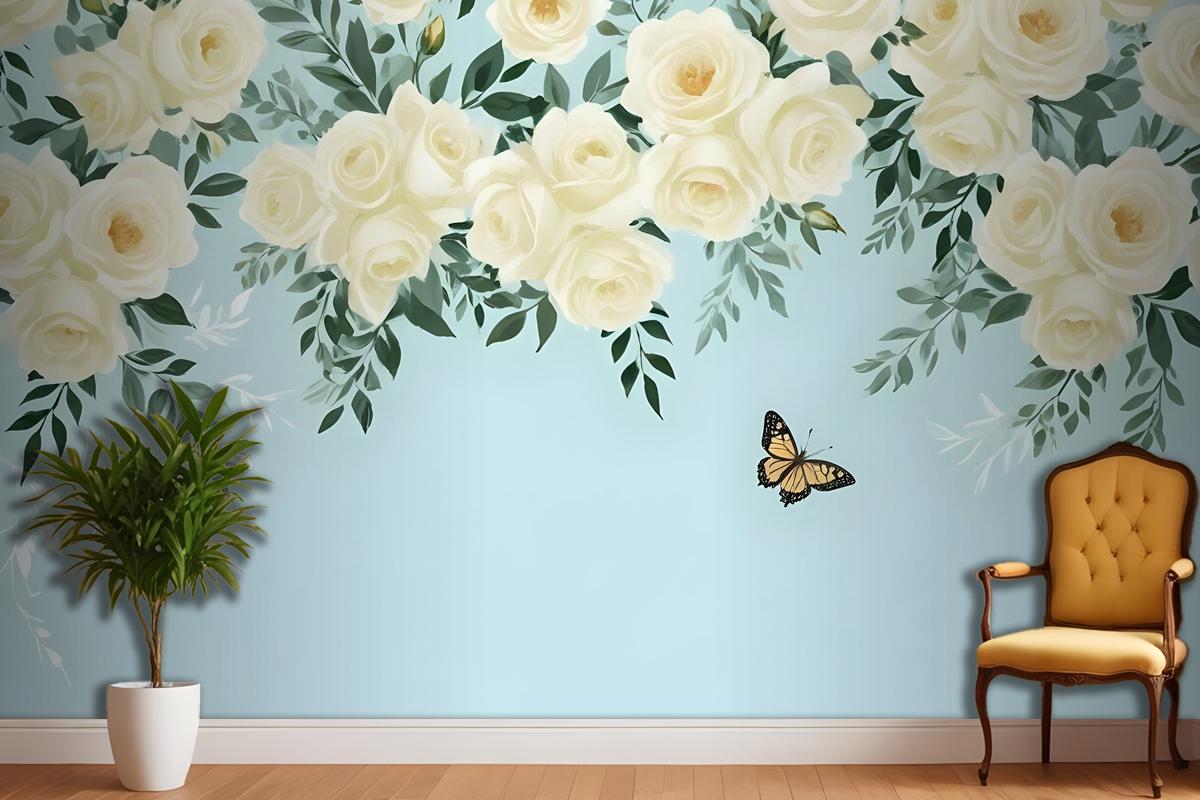 White Flowers And Yellow Butterfly Wallpaper Mural