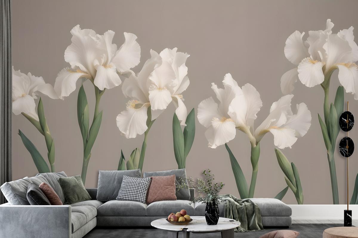 White Iris Flowers With Green Stems Against A Neutral Wallpaper Mural
