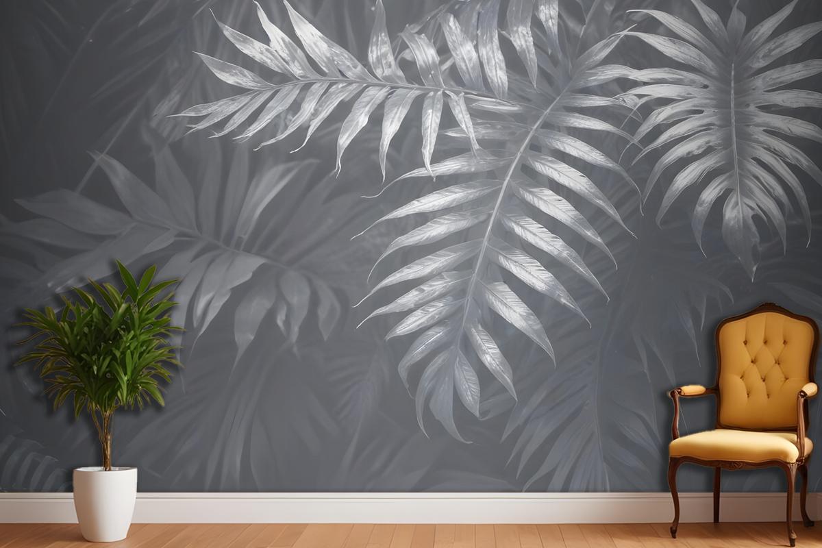 White Tropical Leafy Wallpaper Mural