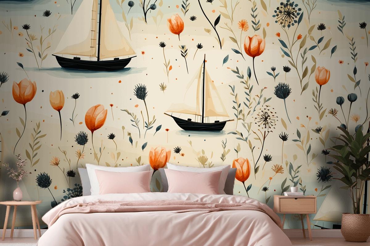 Sea Animals A Lighthouse And A Boat With Shells Starfish Bedroom Wallpaper Mural