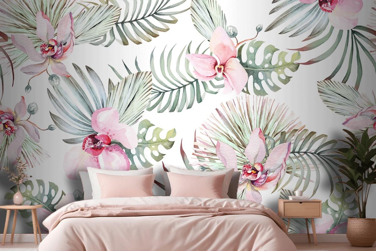 Seamless Pattern Of Tropical Plant Orchid And Flower For Fabric Bedroom Wallpaper Mural