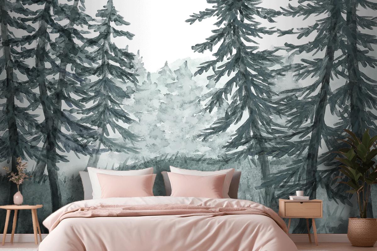 Watercolor Forest Landscape Bedroom Wallpaper Mural