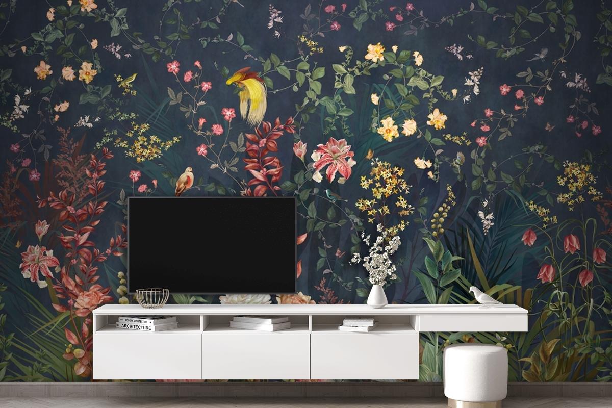 Chinoiserie Vintage Floral With Exotic Birds And Flowers Wallpaper Mural