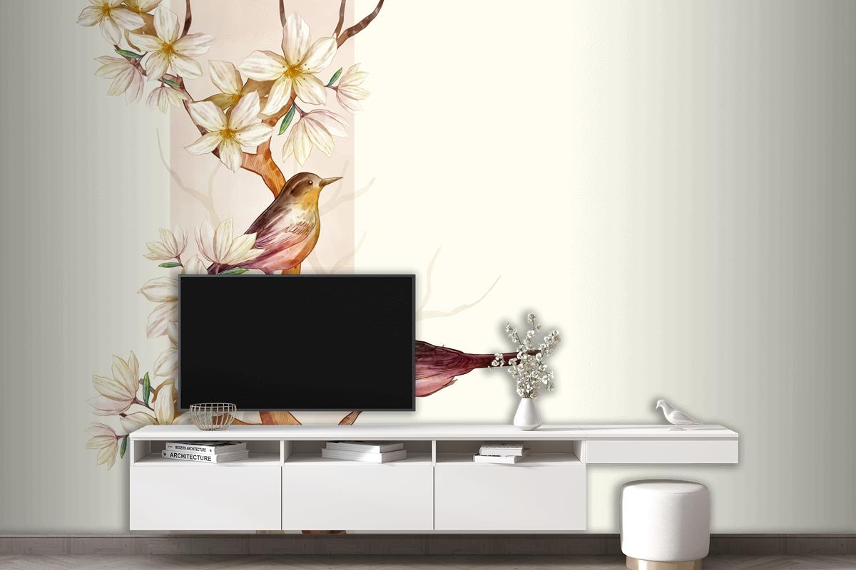 Asian Flower Watercolor With Birds Wallpaper Mural