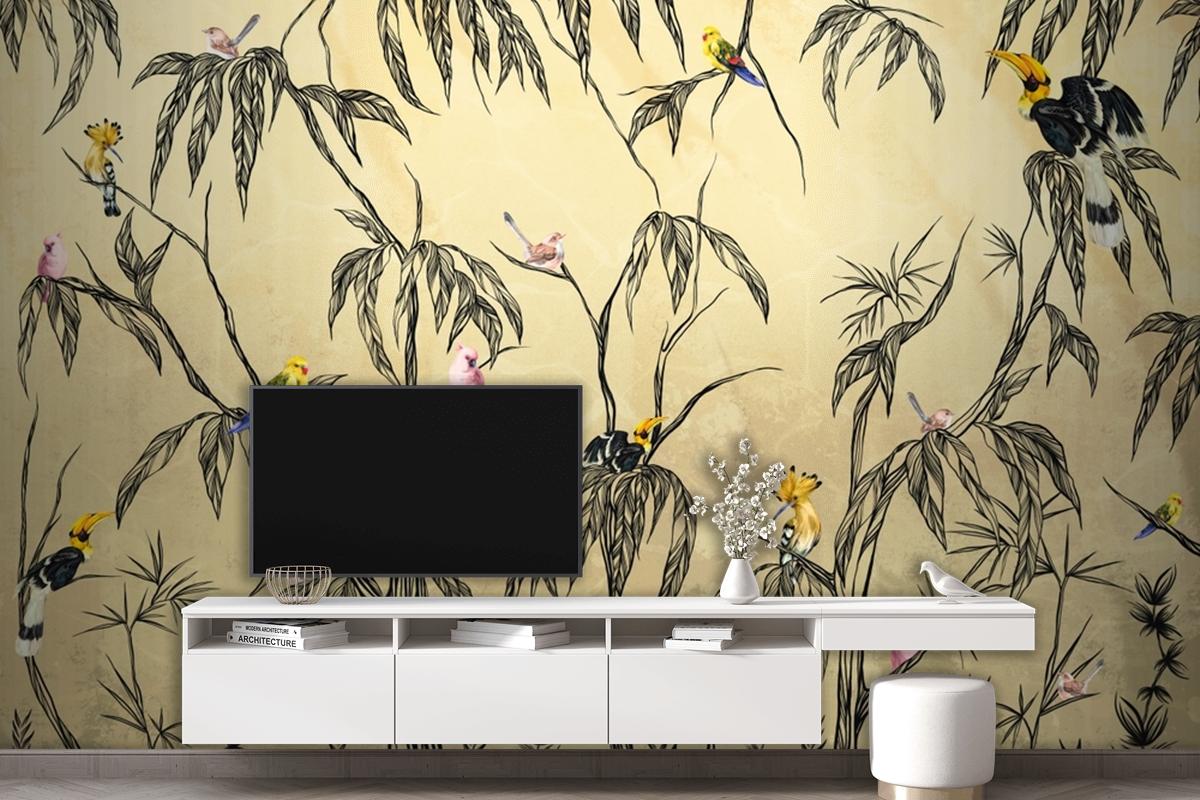 Bird In The Tropics On A Textured Beige Wallpaper Mural