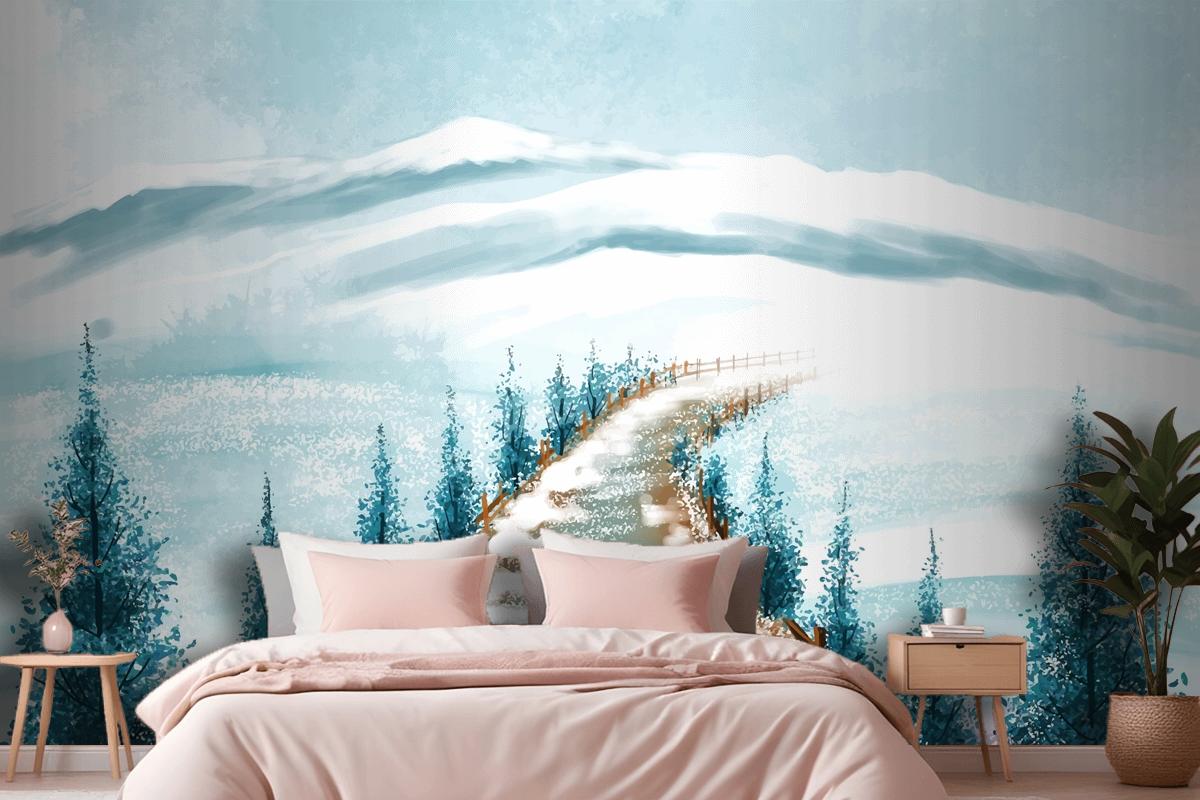 Winter Landscape With Snowy Christmas Tree Card Bedroom Wallpaper Mural
