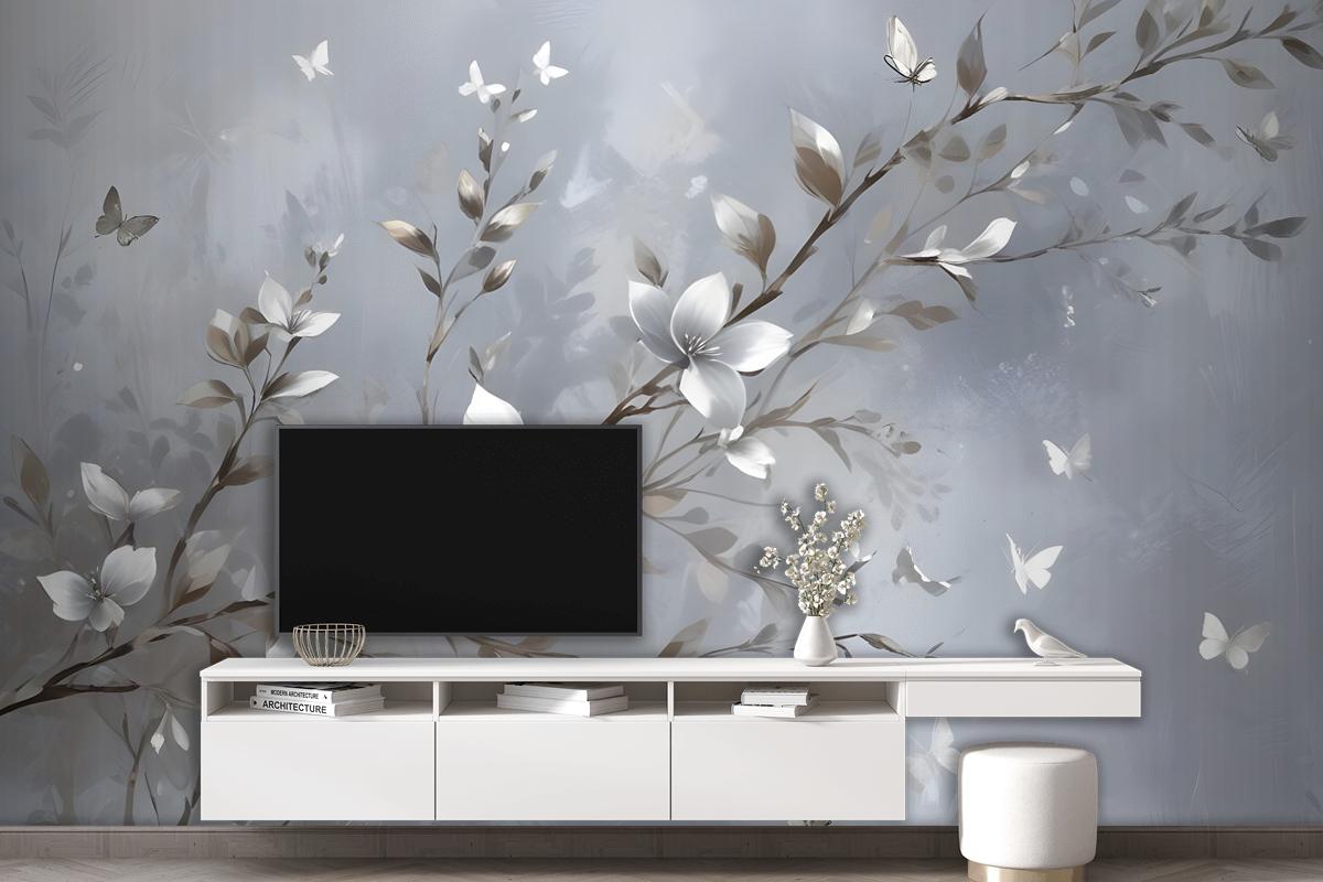 3D Embossed Look Magnolia Blossom And Butterfly Wallpaper Mural