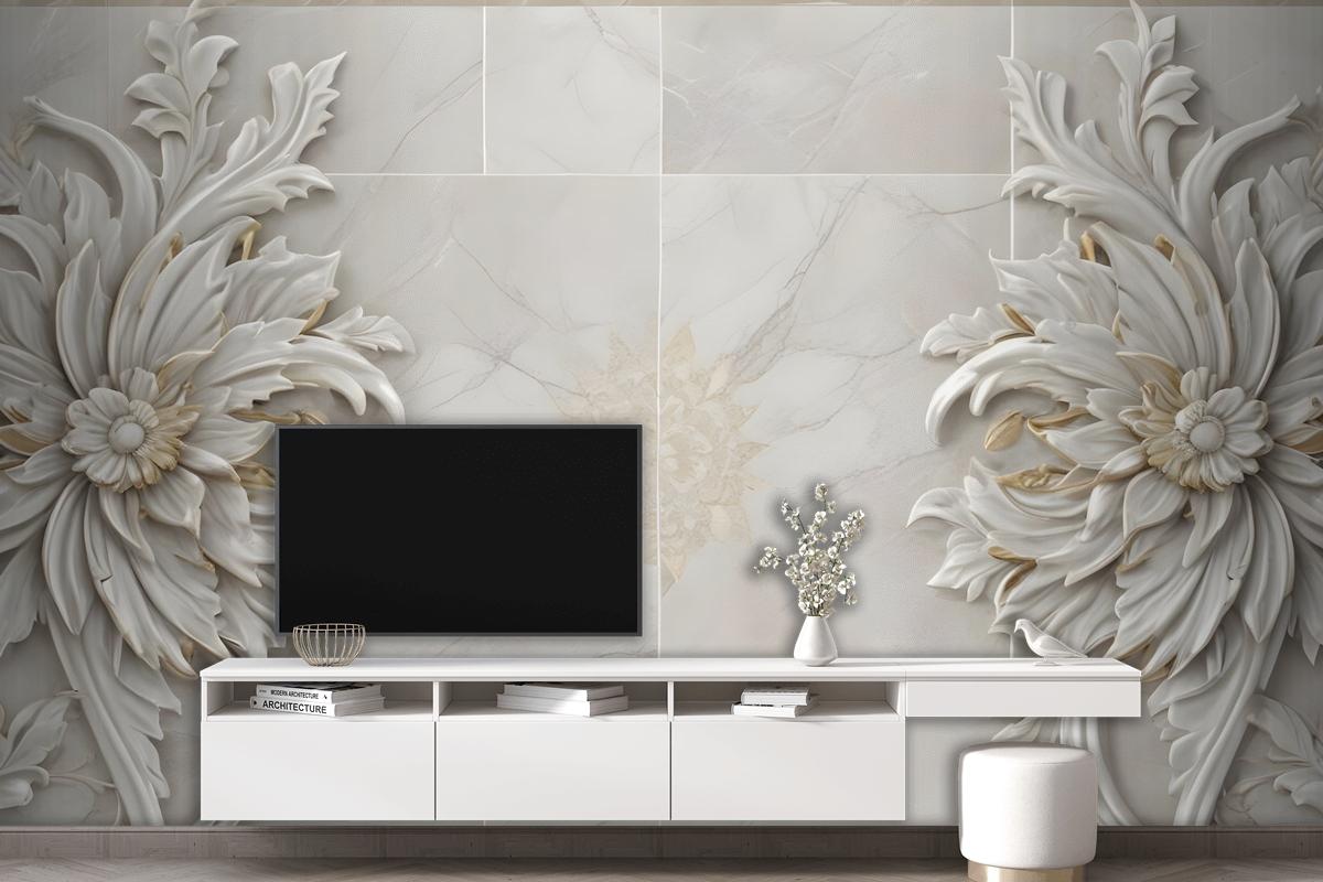 3D Embossed Look Marble Sunflower Wallpaper Mural