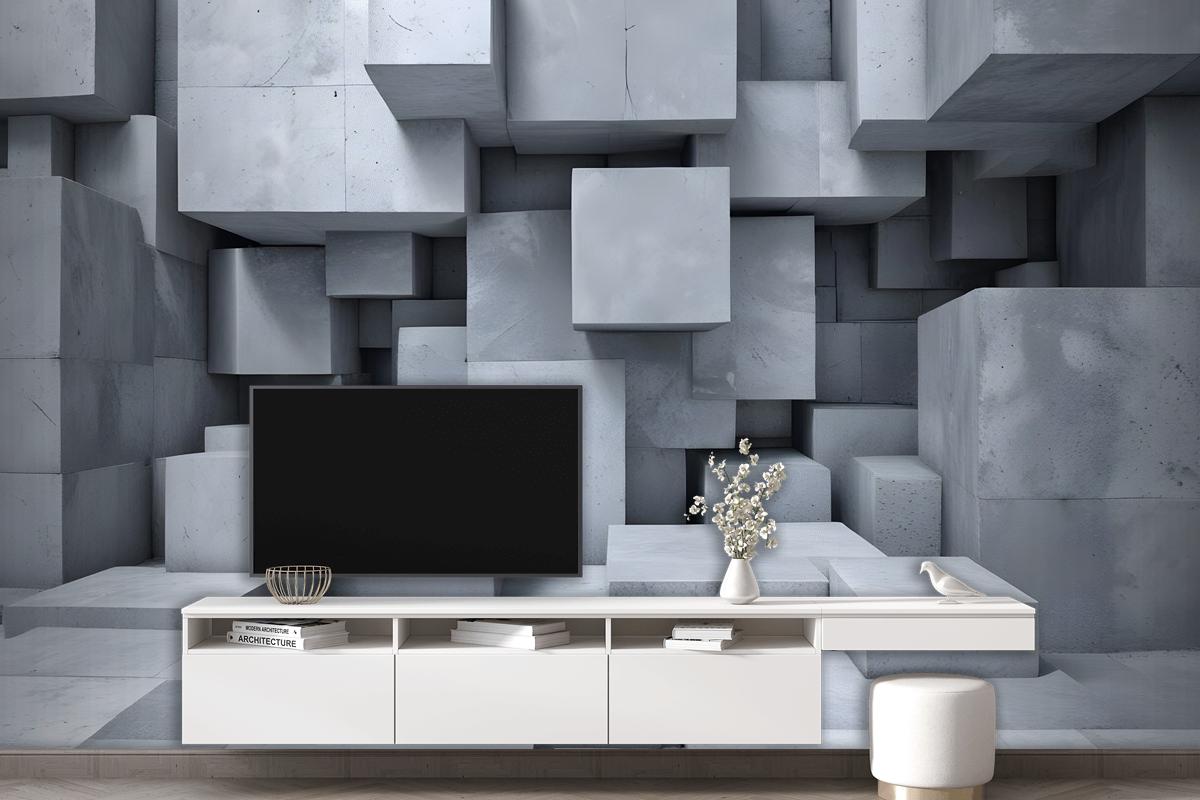 3D Look Concrete Style Gray Abstract Cubes Wallpaper Mural