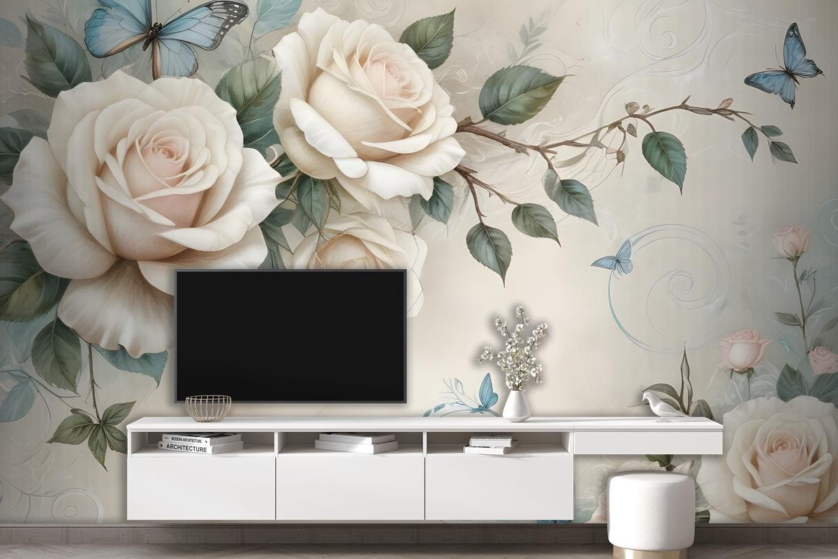 3D Look Cream Rose Floral Wallpaper Mural