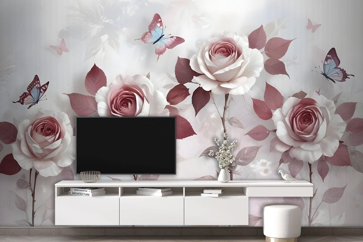 3D Look Floral With Little Butterfly Wallpaper Mural
