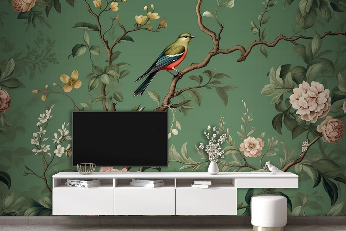 Flowers Branches Birds Golden Brushstrokes Wallpaper Mural